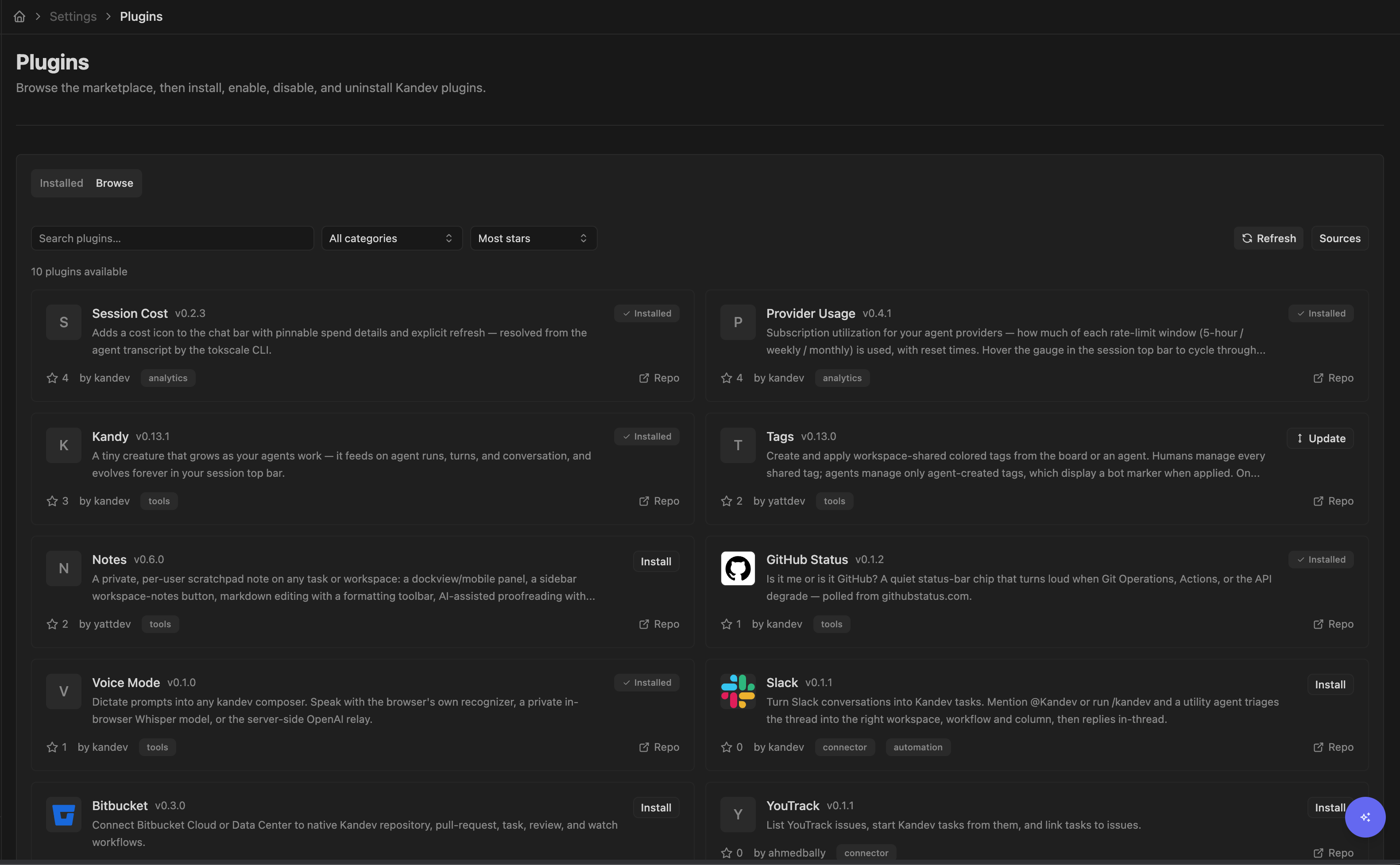 Settings > Plugins > Browse showing the plugin marketplace with search, category, sort, install status, and repository links.